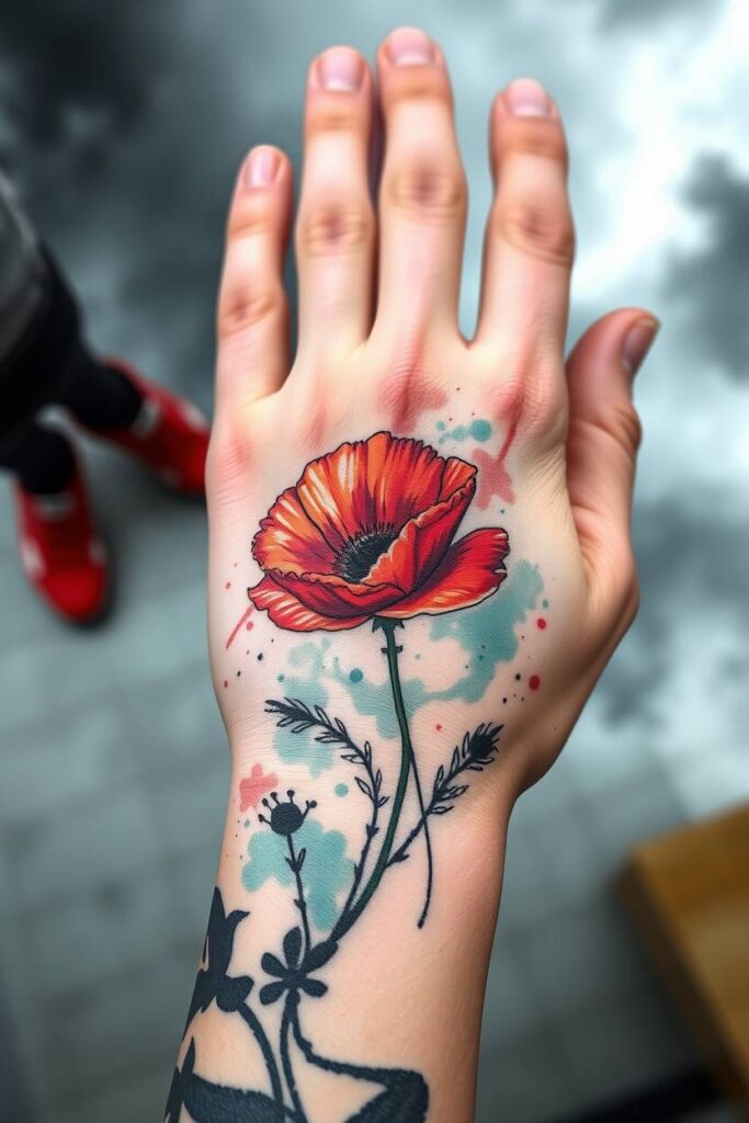 13. Poppy Hand Tattoo with Watercolor