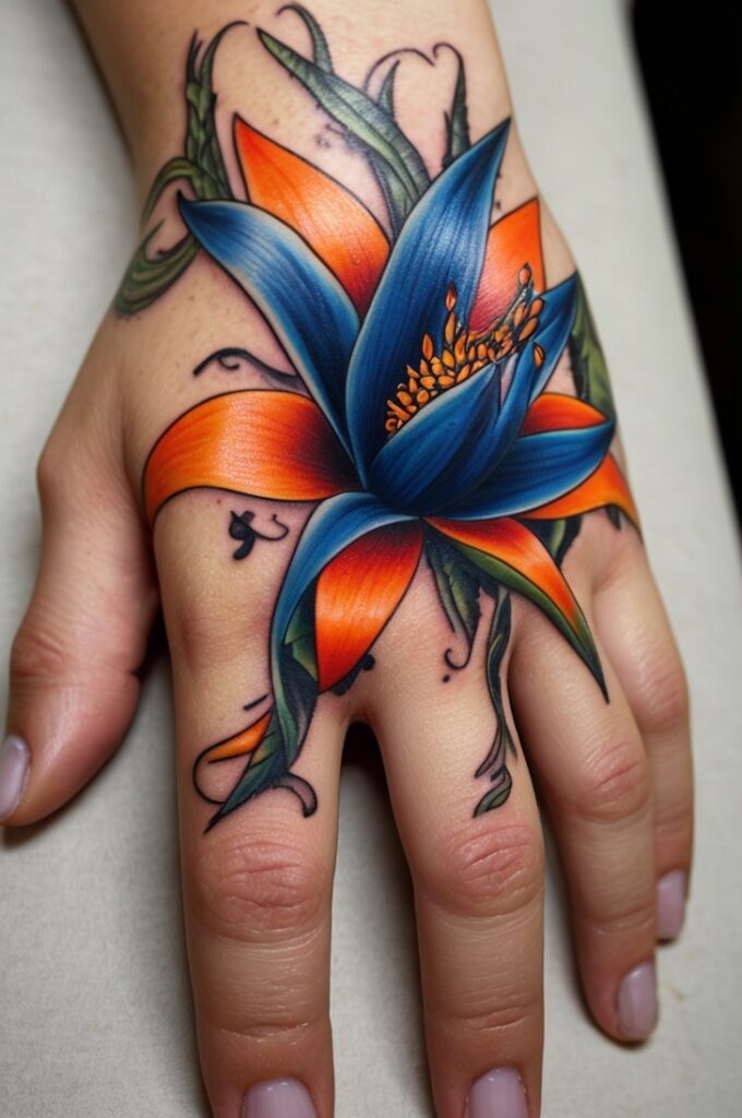 16. Bird of Paradise Hand Tattoo