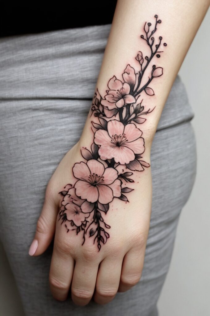 2. Cherry Blossom Hand Tattoo Design