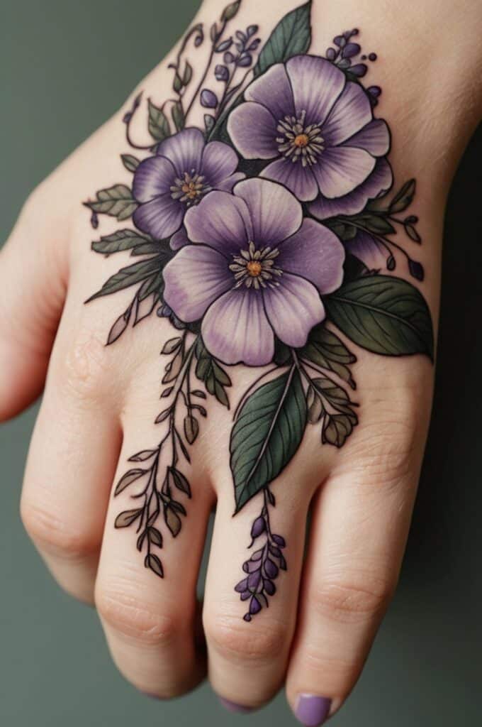 4. Delicate Lavender Hand Tattoo