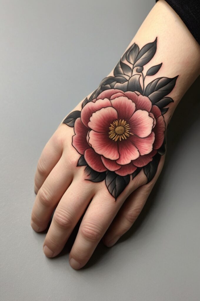 7. Peony Hand Tattoo Design