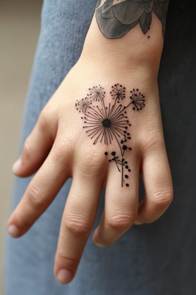 8. Dandelion Hand Tattoo with Seeds